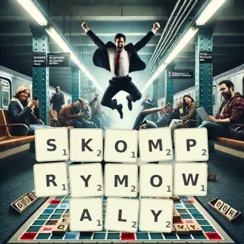 Kreatywna ilustracja do gry w Scrabble ze słowem SKOMPRYMOWALY ułożonym z płytek na planszy.