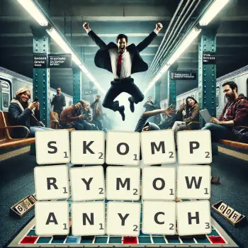 Kreatywna ilustracja do gry w Scrabble ze słowem SKOMPRYMOWANYCH ułożonym z płytek na planszy.