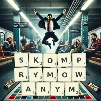 Kreatywna ilustracja do gry w Scrabble ze słowem SKOMPRYMOWANYM ułożonym z płytek na planszy.