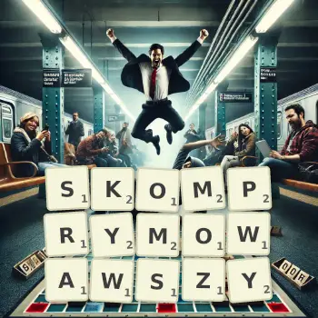 Kreatywna ilustracja do gry w Scrabble ze słowem SKOMPRYMOWAWSZY ułożonym z płytek na planszy.