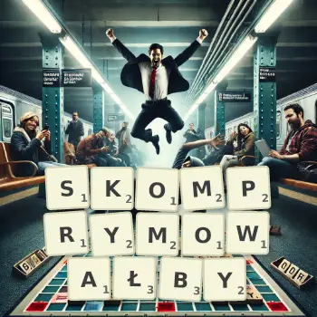 Kreatywna ilustracja do gry w Scrabble ze słowem SKOMPRYMOWAŁBY ułożonym z płytek na planszy.
