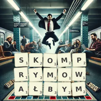 Kreatywna ilustracja do gry w Scrabble ze słowem SKOMPRYMOWAŁBYM ułożonym z płytek na planszy.