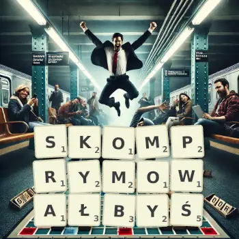 Kreatywna ilustracja do gry w Scrabble ze słowem SKOMPRYMOWAŁBYŚ ułożonym z płytek na planszy.
