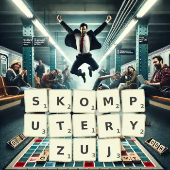 Kreatywna ilustracja do gry w Scrabble ze słowem SKOMPUTERYZUJ ułożonym z płytek na planszy.