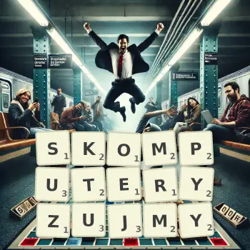 Kreatywna ilustracja do gry w Scrabble ze słowem SKOMPUTERYZUJMY ułożonym z płytek na planszy.