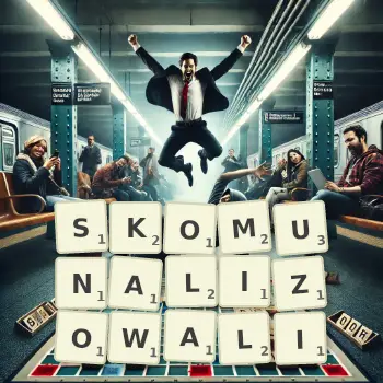 Kreatywna ilustracja do gry w Scrabble ze słowem SKOMUNALIZOWALI ułożonym z płytek na planszy.