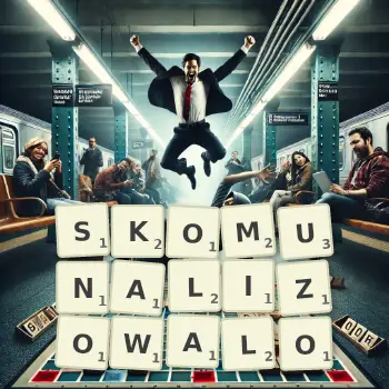 Kreatywna ilustracja do gry w Scrabble ze słowem SKOMUNALIZOWALO ułożonym z płytek na planszy.