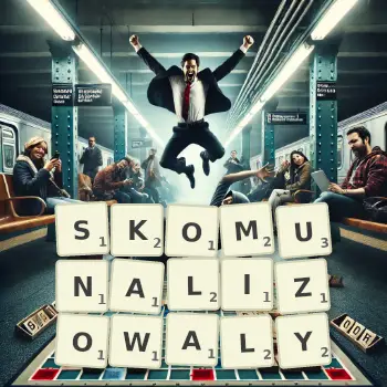 Kreatywna ilustracja do gry w Scrabble ze słowem SKOMUNALIZOWALY ułożonym z płytek na planszy.