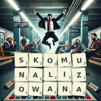 Kreatywna ilustracja do gry w Scrabble ze słowem SKOMUNALIZOWANA ułożonym z płytek na planszy.