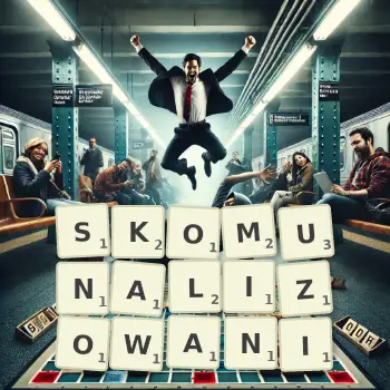 Kreatywna ilustracja do gry w Scrabble ze słowem SKOMUNALIZOWANI ułożonym z płytek na planszy.