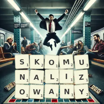 Kreatywna ilustracja do gry w Scrabble ze słowem SKOMUNALIZOWANY ułożonym z płytek na planszy.