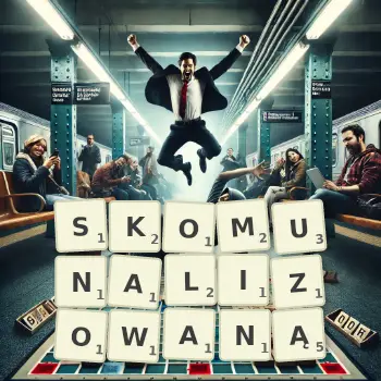 Kreatywna ilustracja do gry w Scrabble ze słowem SKOMUNALIZOWANĄ ułożonym z płytek na planszy.