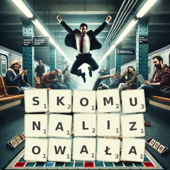 Kreatywna ilustracja do gry w Scrabble ze słowem SKOMUNALIZOWAŁA ułożonym z płytek na planszy.