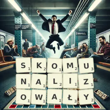 Kreatywna ilustracja do gry w Scrabble ze słowem SKOMUNALIZOWAŁY ułożonym z płytek na planszy.