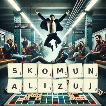 Kreatywna ilustracja do gry w Scrabble ze słowem SKOMUNALIZUJ ułożonym z płytek na planszy.