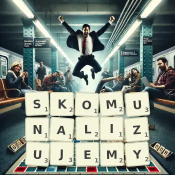 Kreatywna ilustracja do gry w Scrabble ze słowem SKOMUNALIZUJEMY ułożonym z płytek na planszy.