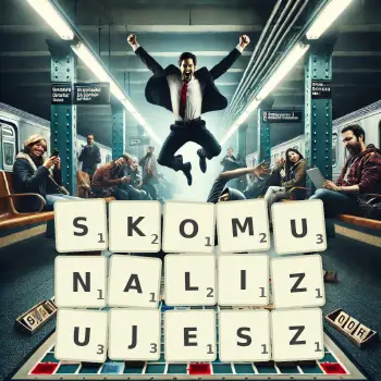 Kreatywna ilustracja do gry w Scrabble ze słowem SKOMUNALIZUJESZ ułożonym z płytek na planszy.