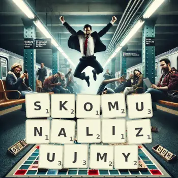 Kreatywna ilustracja do gry w Scrabble ze słowem SKOMUNALIZUJMY ułożonym z płytek na planszy.