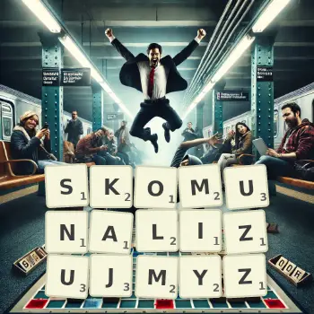 Kreatywna ilustracja do gry w Scrabble ze słowem SKOMUNALIZUJMYZ ułożonym z płytek na planszy.