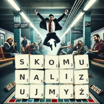 Kreatywna ilustracja do gry w Scrabble ze słowem SKOMUNALIZUJMYŻ ułożonym z płytek na planszy.