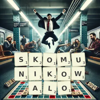 Kreatywna ilustracja do gry w Scrabble ze słowem SKOMUNIKOWALO ułożonym z płytek na planszy.