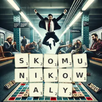 Kreatywna ilustracja do gry w Scrabble ze słowem SKOMUNIKOWALY ułożonym z płytek na planszy.