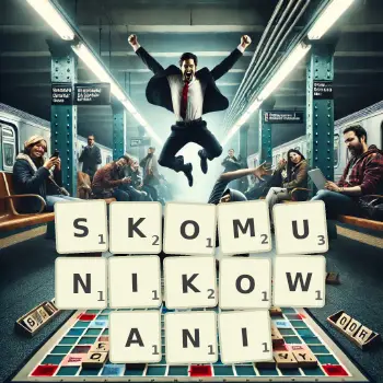 Kreatywna ilustracja do gry w Scrabble ze słowem SKOMUNIKOWANI ułożonym z płytek na planszy.