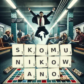 Kreatywna ilustracja do gry w Scrabble ze słowem SKOMUNIKOWANO ułożonym z płytek na planszy.