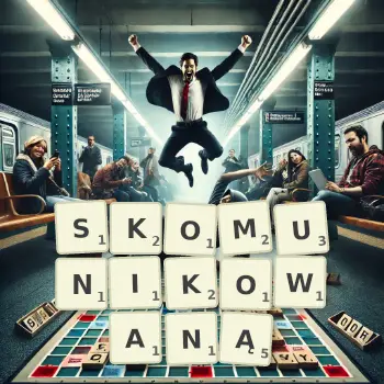 Kreatywna ilustracja do gry w Scrabble ze słowem SKOMUNIKOWANĄ ułożonym z płytek na planszy.