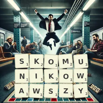 Kreatywna ilustracja do gry w Scrabble ze słowem SKOMUNIKOWAWSZY ułożonym z płytek na planszy.