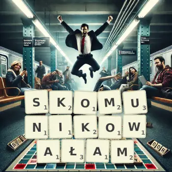 Kreatywna ilustracja do gry w Scrabble ze słowem SKOMUNIKOWAŁAM ułożonym z płytek na planszy.