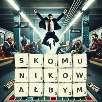 Kreatywna ilustracja do gry w Scrabble ze słowem SKOMUNIKOWAŁBYM ułożonym z płytek na planszy.
