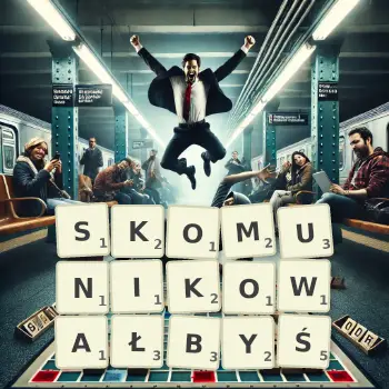 Kreatywna ilustracja do gry w Scrabble ze słowem SKOMUNIKOWAŁBYŚ ułożonym z płytek na planszy.