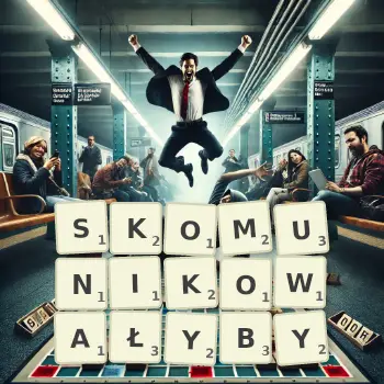Kreatywna ilustracja do gry w Scrabble ze słowem SKOMUNIKOWAŁYBY ułożonym z płytek na planszy.