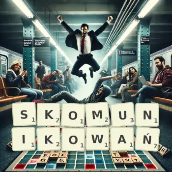 Kreatywna ilustracja do gry w Scrabble ze słowem SKOMUNIKOWAŃ ułożonym z płytek na planszy.