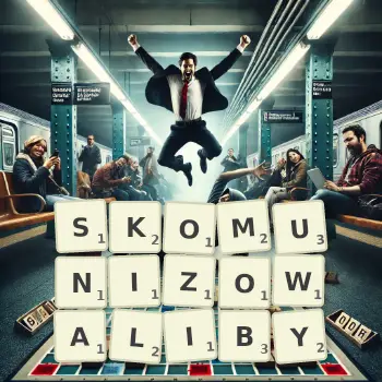 Kreatywna ilustracja do gry w Scrabble ze słowem SKOMUNIZOWALIBY ułożonym z płytek na planszy.