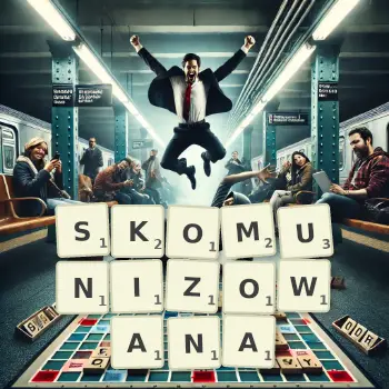 Kreatywna ilustracja do gry w Scrabble ze słowem SKOMUNIZOWANA ułożonym z płytek na planszy.