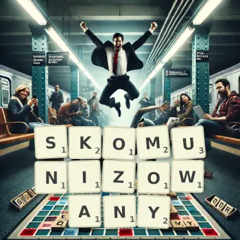 Kreatywna ilustracja do gry w Scrabble ze słowem SKOMUNIZOWANY ułożonym z płytek na planszy.