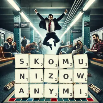 Kreatywna ilustracja do gry w Scrabble ze słowem SKOMUNIZOWANYMI ułożonym z płytek na planszy.