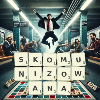 Kreatywna ilustracja do gry w Scrabble ze słowem SKOMUNIZOWANĄ ułożonym z płytek na planszy.
