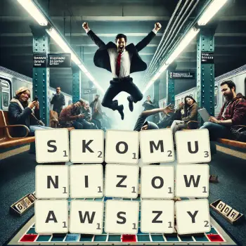 Kreatywna ilustracja do gry w Scrabble ze słowem SKOMUNIZOWAWSZY ułożonym z płytek na planszy.