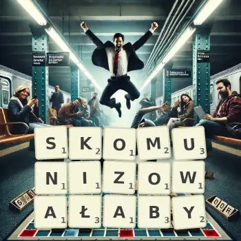 Kreatywna ilustracja do gry w Scrabble ze słowem SKOMUNIZOWAŁABY ułożonym z płytek na planszy.