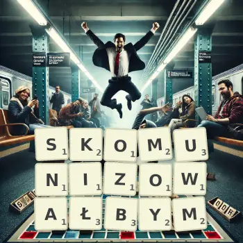 Kreatywna ilustracja do gry w Scrabble ze słowem SKOMUNIZOWAŁBYM ułożonym z płytek na planszy.