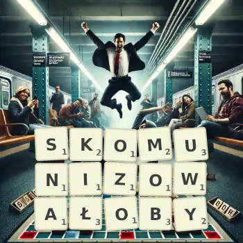 Kreatywna ilustracja do gry w Scrabble ze słowem SKOMUNIZOWAŁOBY ułożonym z płytek na planszy.