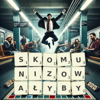 Kreatywna ilustracja do gry w Scrabble ze słowem SKOMUNIZOWAŁYBY ułożonym z płytek na planszy.