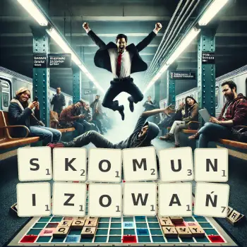 Kreatywna ilustracja do gry w Scrabble ze słowem SKOMUNIZOWAŃ ułożonym z płytek na planszy.