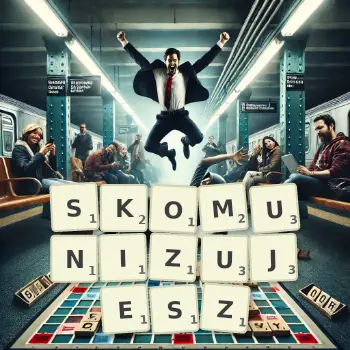 Kreatywna ilustracja do gry w Scrabble ze słowem SKOMUNIZUJESZ ułożonym z płytek na planszy.
