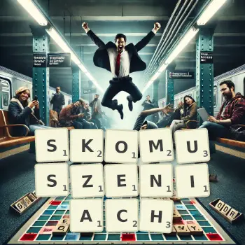 Kreatywna ilustracja do gry w Scrabble ze słowem SKOMUSZENIACH ułożonym z płytek na planszy.