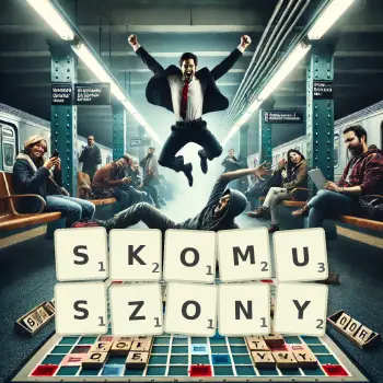 Kreatywna ilustracja do gry w Scrabble ze słowem SKOMUSZONY ułożonym z płytek na planszy.