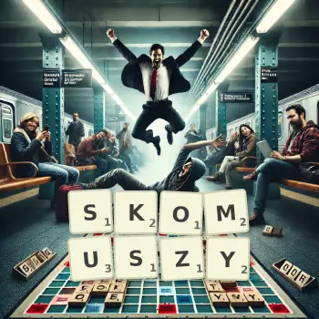 Kreatywna ilustracja do gry w Scrabble ze słowem SKOMUSZY ułożonym z płytek na planszy.